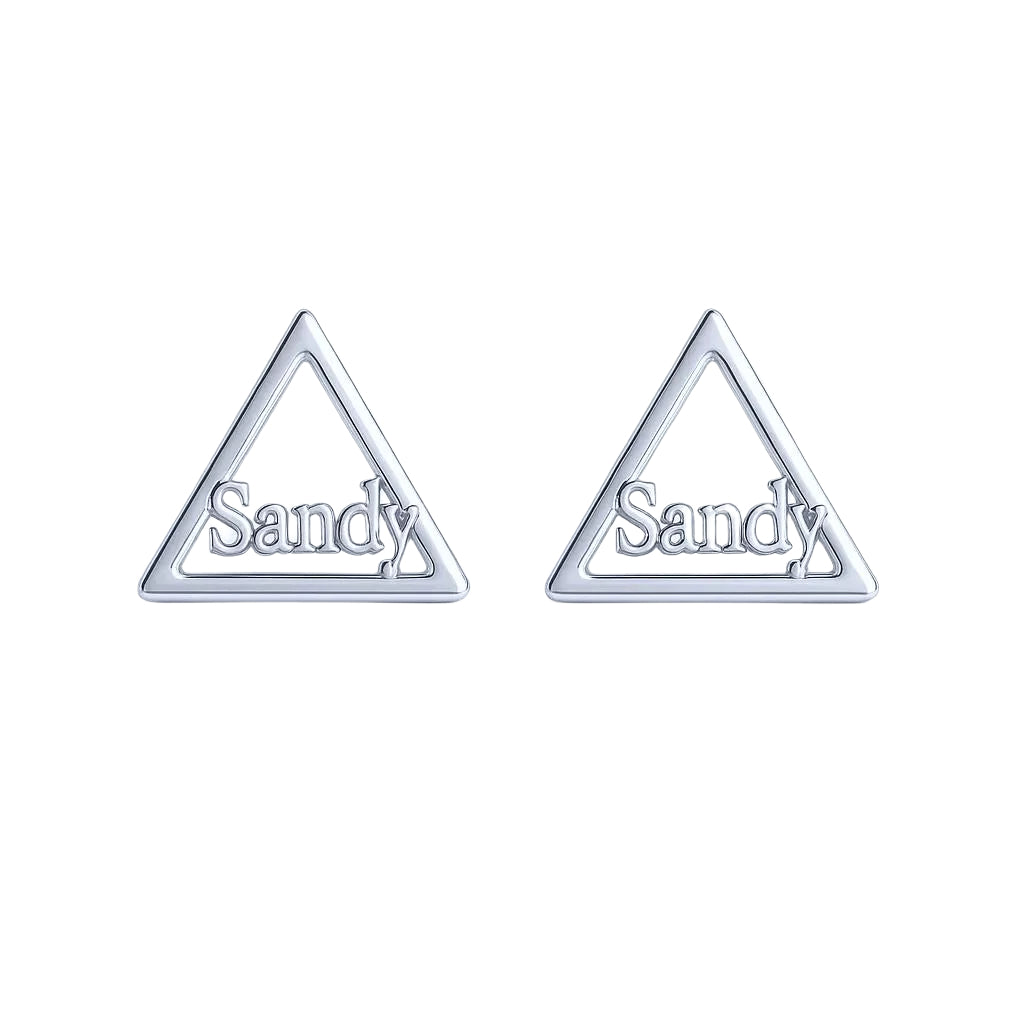Silver triangular earrings with customizable names
