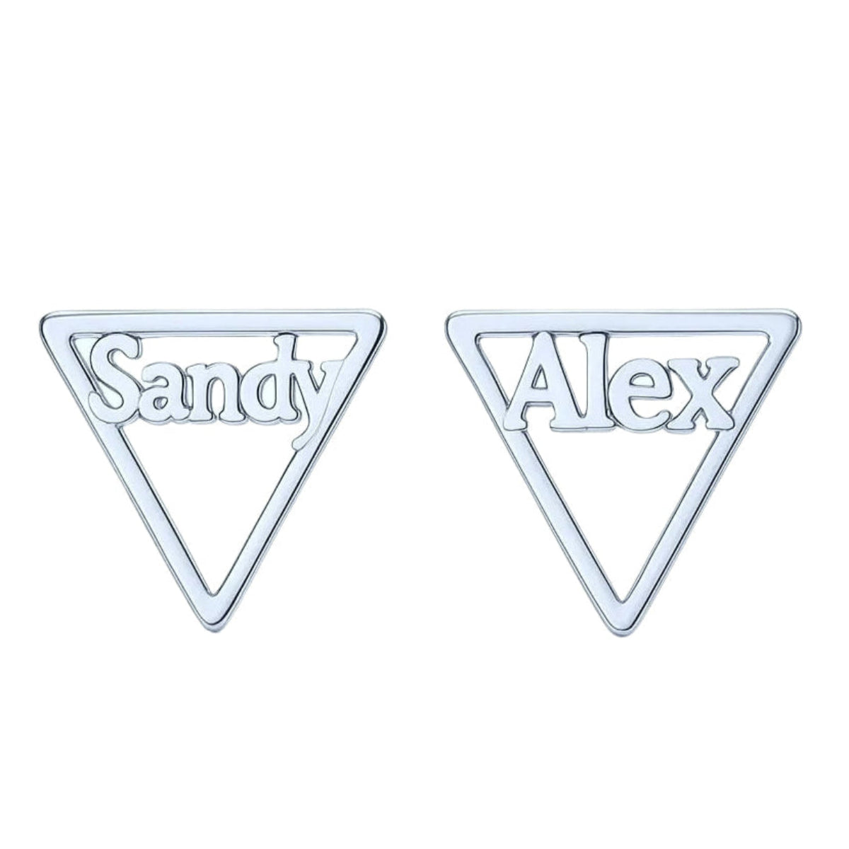 Close-up of silver personalized triangle earrings.