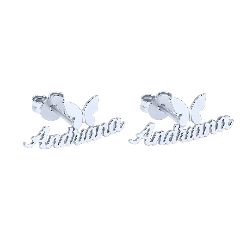 Silver earrings with butterfly and name detail
