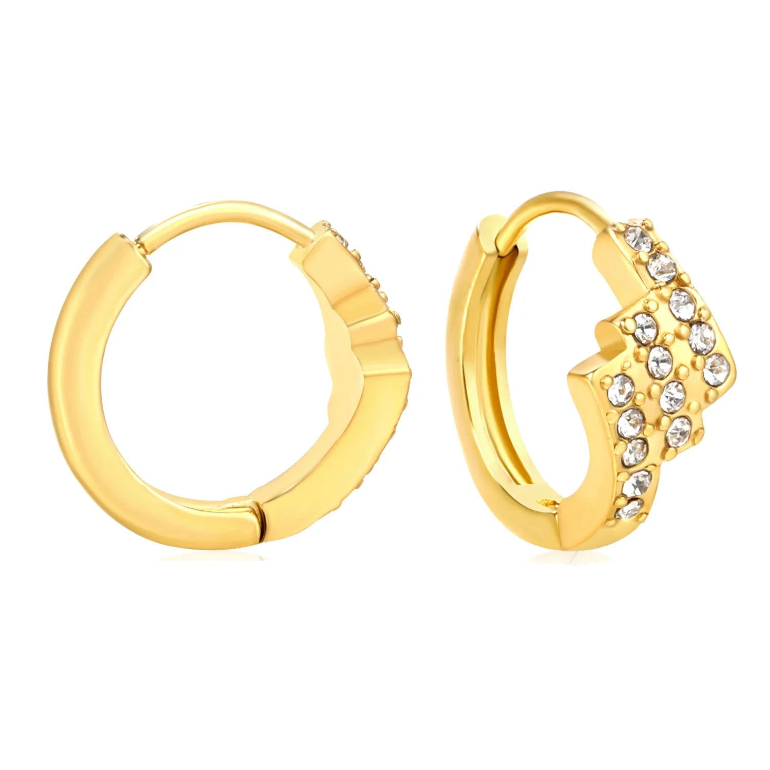Gold hoop earrings with one having a decorative design on a white background