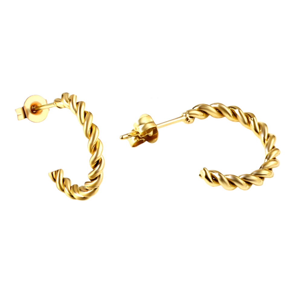 Gold hoop earrings with text indicating gold plating, stainless steel, dimensions, and weight on a white background.