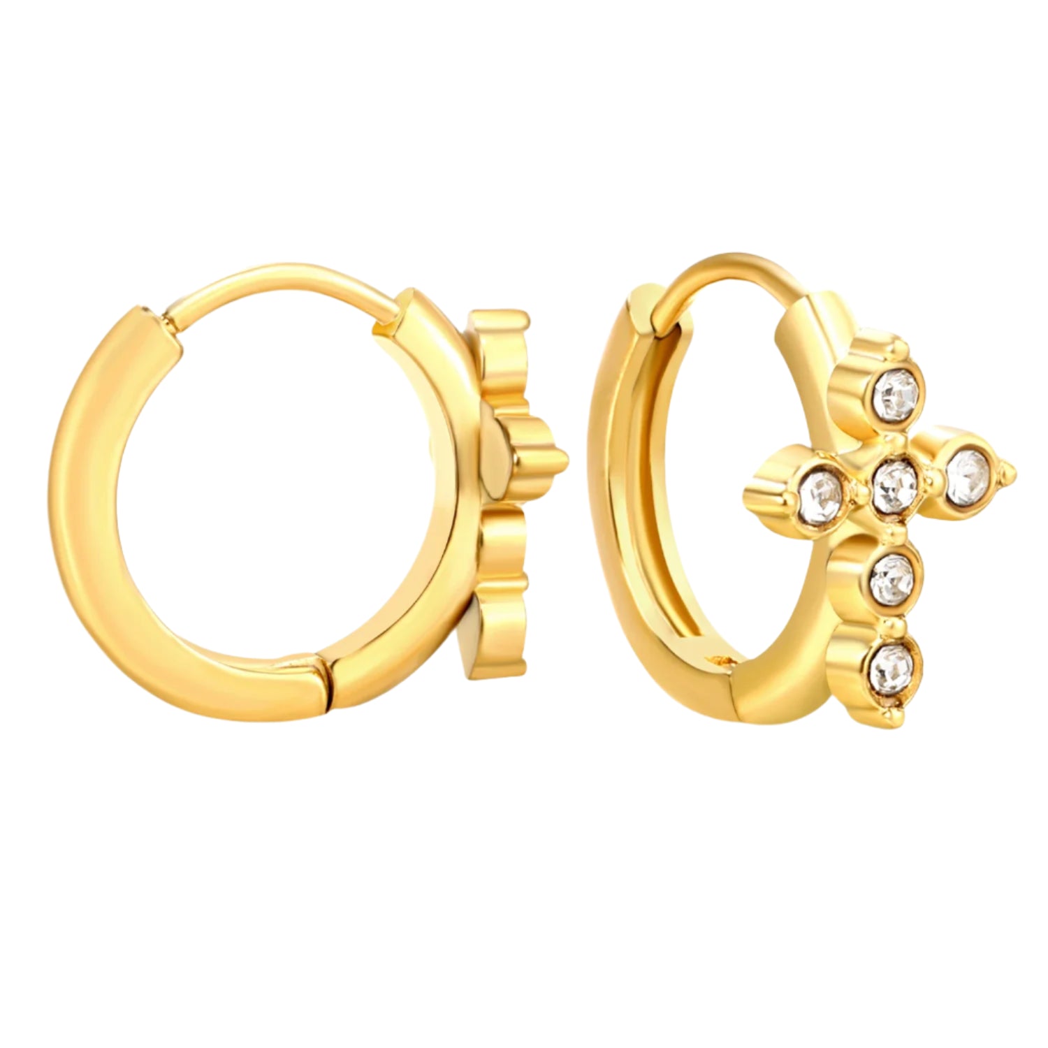 Gold hoop earrings with measurements on a white background
