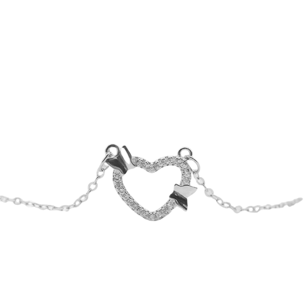 Silver heart-shaped bracelet with a tag on a white background