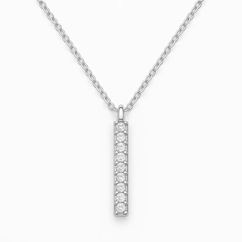 Silver necklace with a bar-shaped pendant on a white background