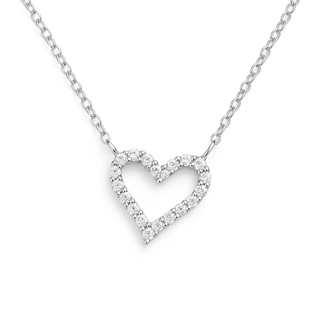 Heart-shaped diamond necklace on a white background