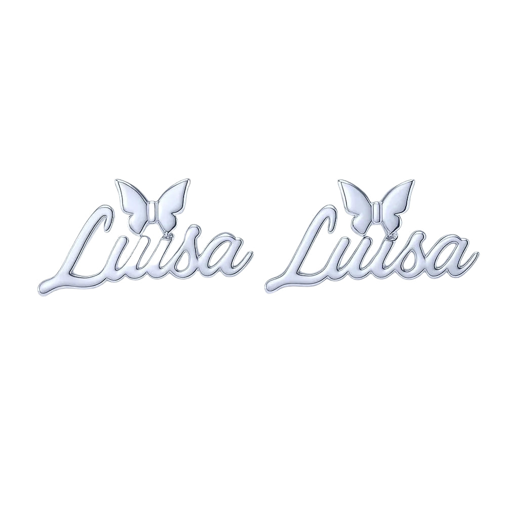 Silver name earrings with delicate butterfly accents
