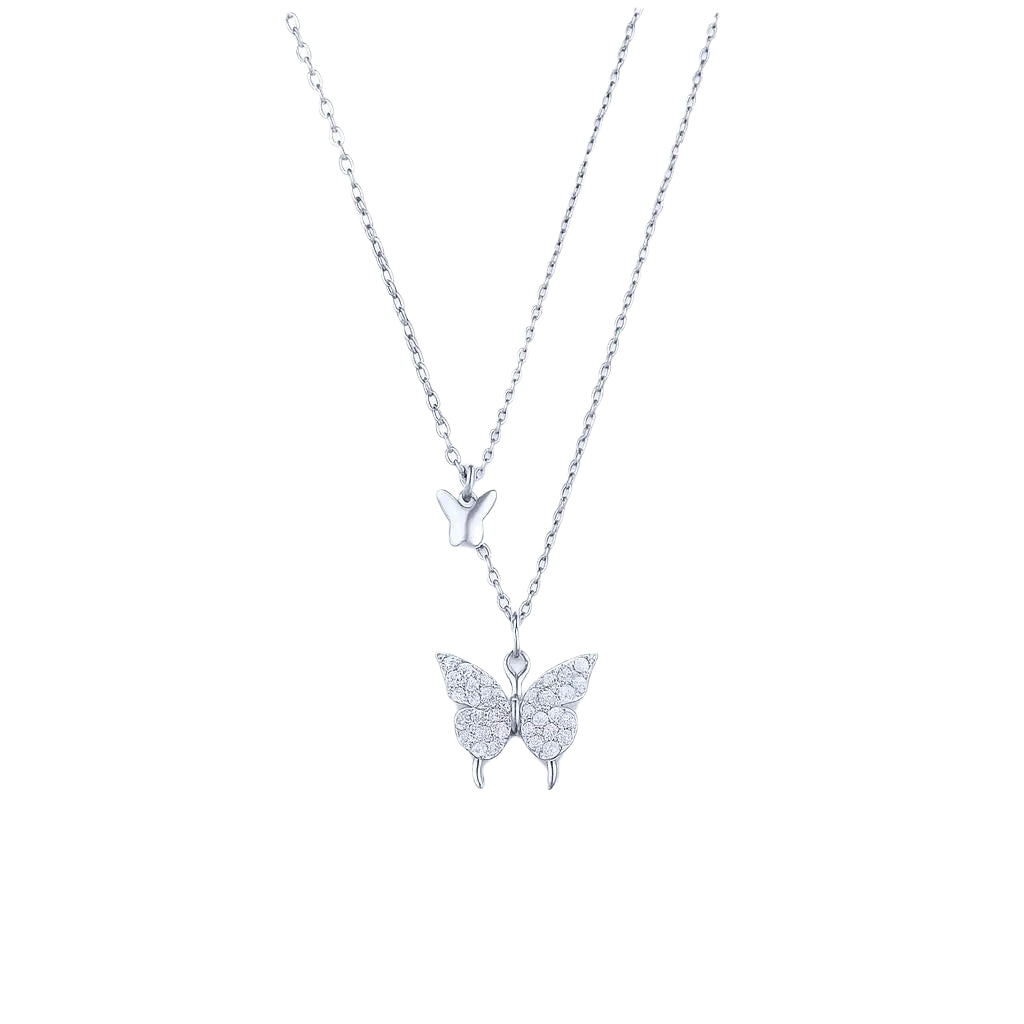 Silver butterfly pendant on a delicate chain.