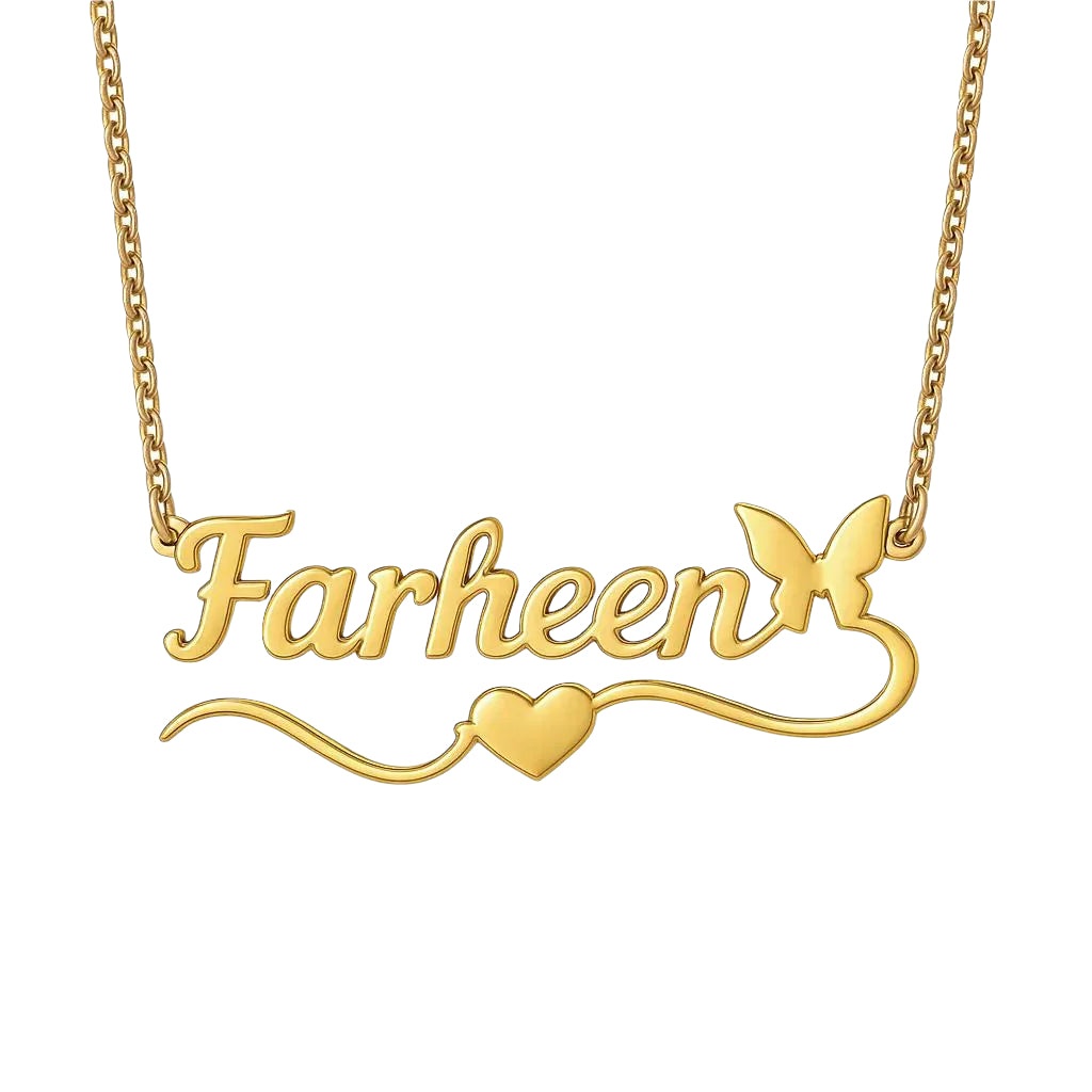 Gold nameplate necklace with a butterfly accent