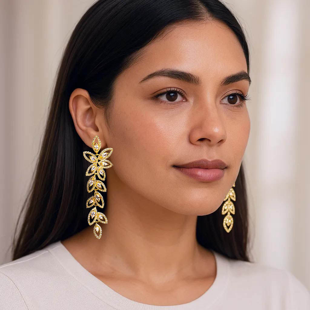 Gold Leaf Drop Earrings – Statement Zirconia Jewelry
