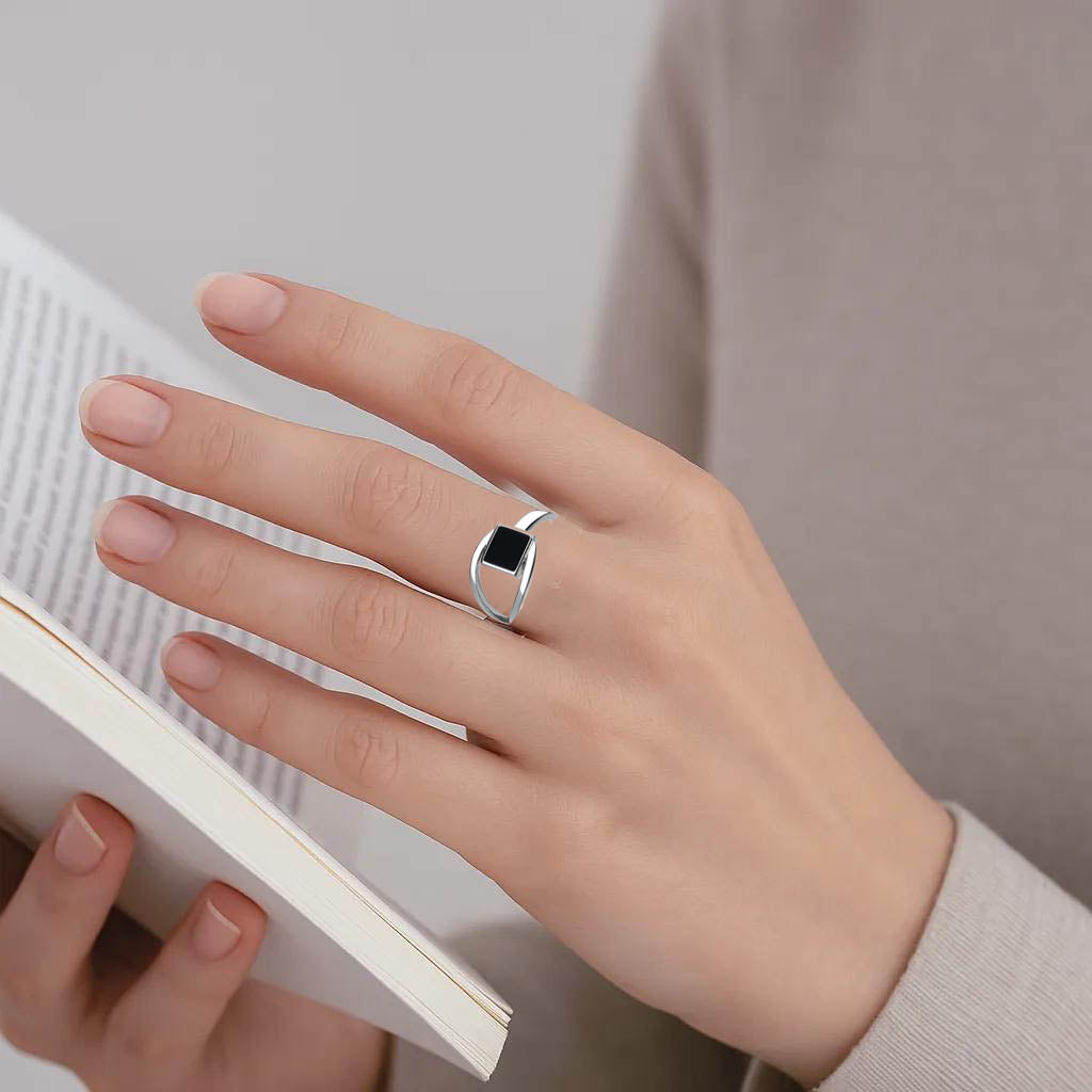 Onyx Edge – Adjustable Silver Square Ring