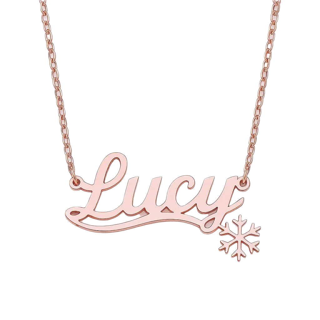 Script name pendant necklace with snowflake design rose gold