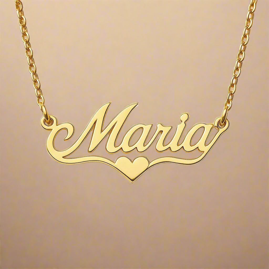 Close-up of gold script name necklace