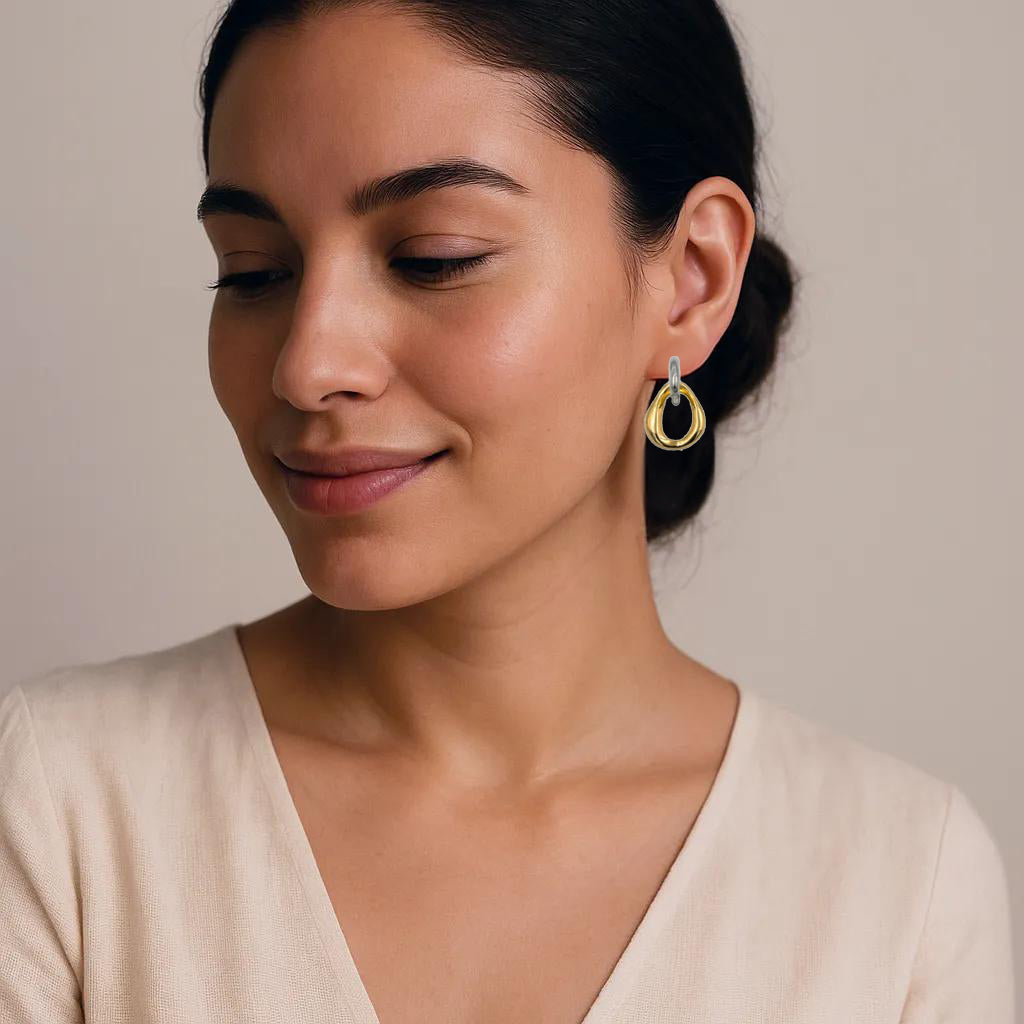 Dual Flow: Gold & Silver Abstract Drop Earrings