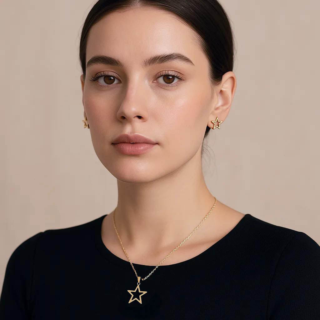 Stainless steel star earrings and necklace – product layout