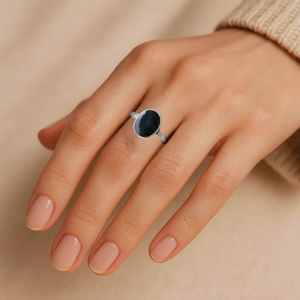Minimalist Oval Black Resin Ring – Sterling Silver Statement for Women