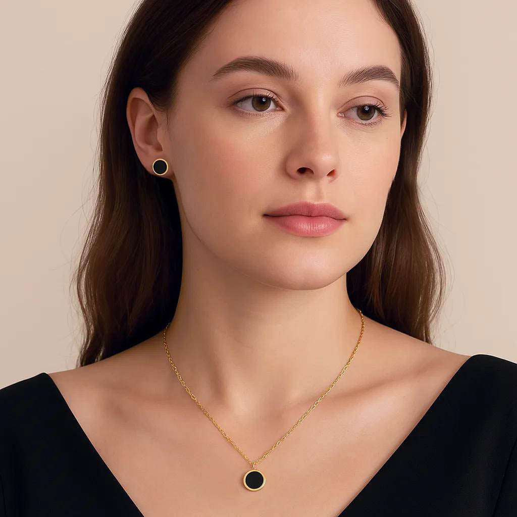 Gold round enamel necklace and earring set 