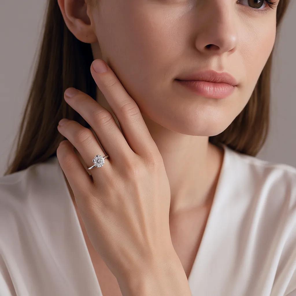 Minimalist moissanite solitaire ring displayed in gift packaging