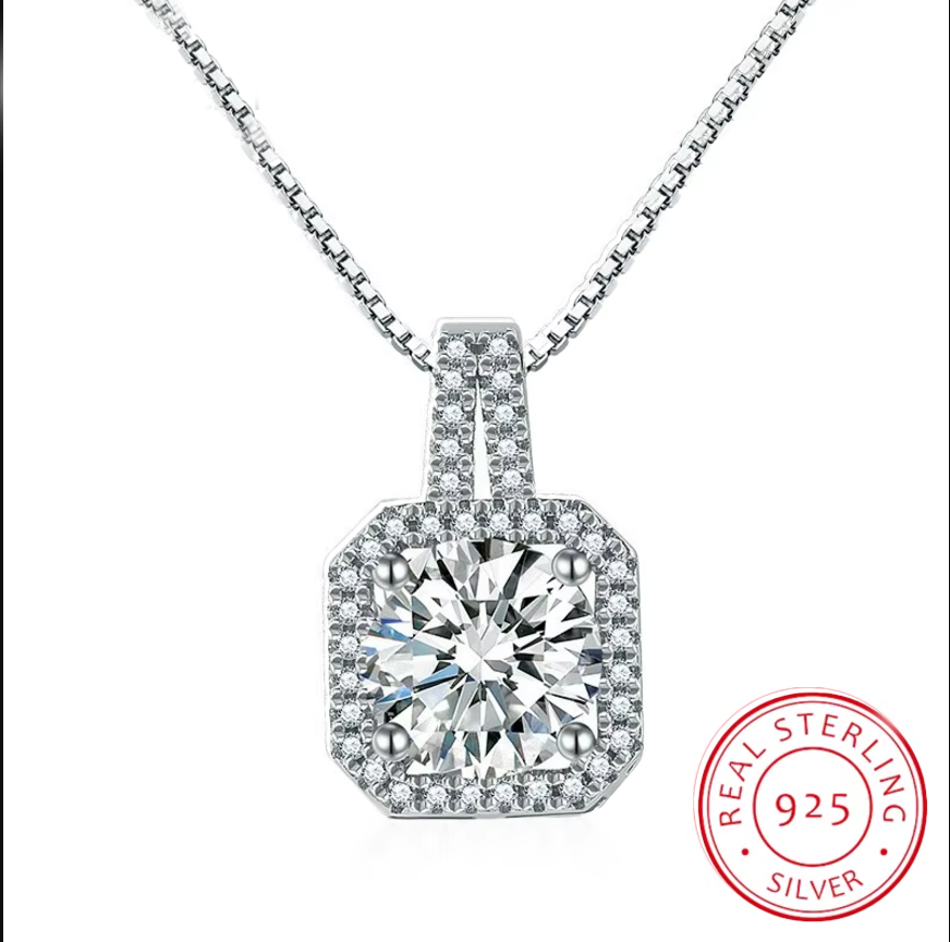 Radiant Spectrum Moissanite Pendant Necklace – 925 Sterling Silver Halo Charm