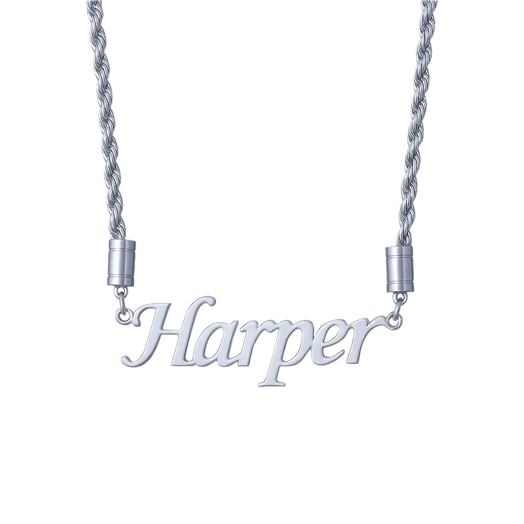  twisted chain necklace with "Harper" in cursive letters.