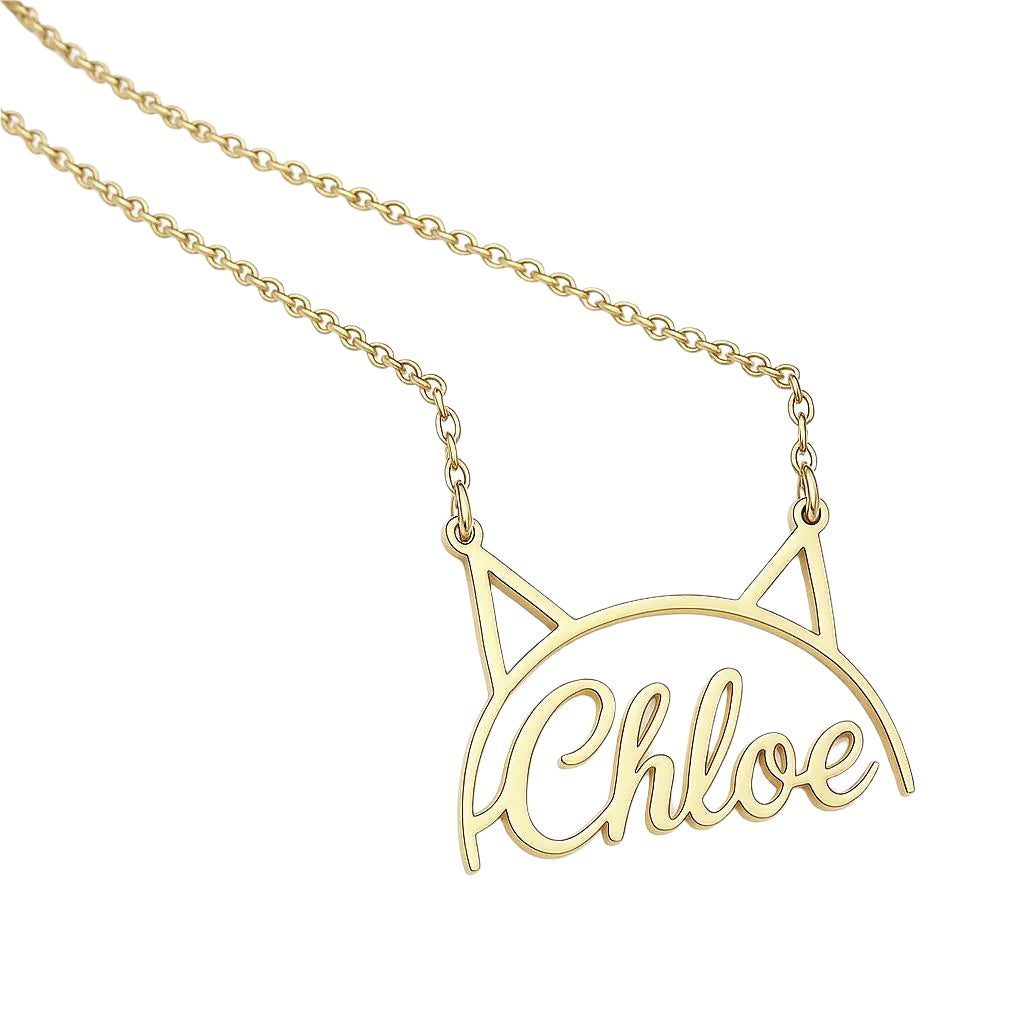 Gold name necklace with cat-ear design