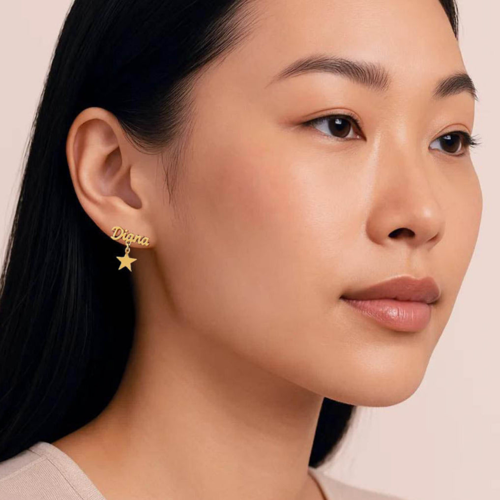 Earrings with name engraving and star drop for women and girls