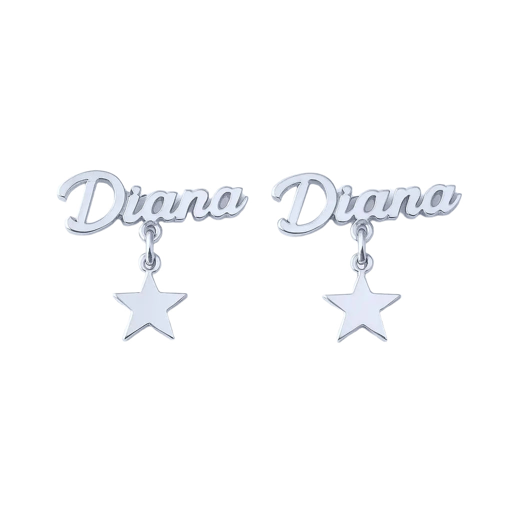 Close-up of personalized drop earrings with star charm on black background