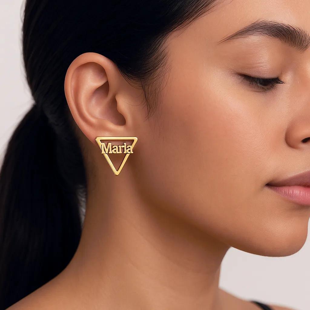  Gold triangle earrings with name 