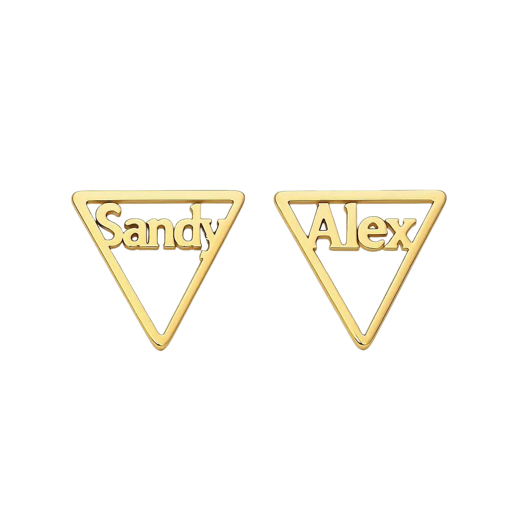 Elegant triangle name earrings displayed in a jewelry box.