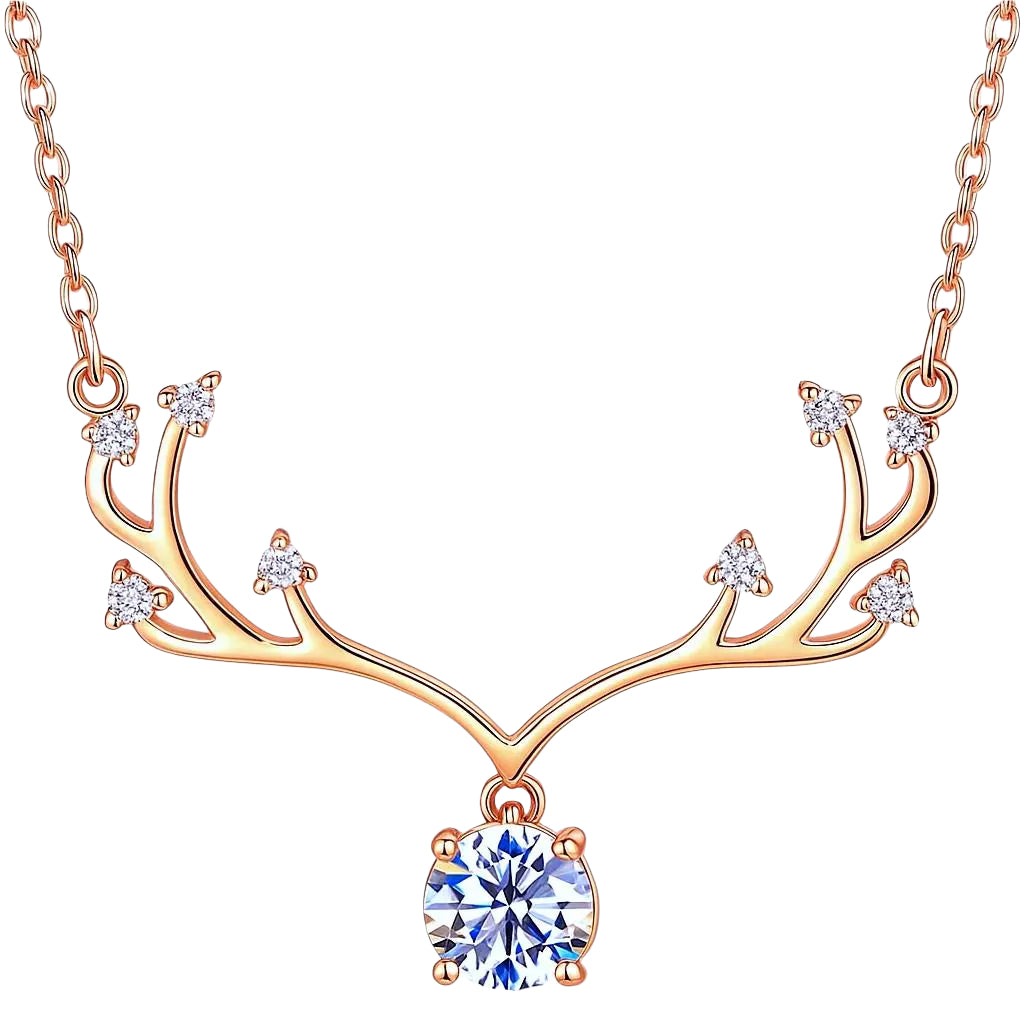 Close-up of rose gold antler necklace with sparkling stones.