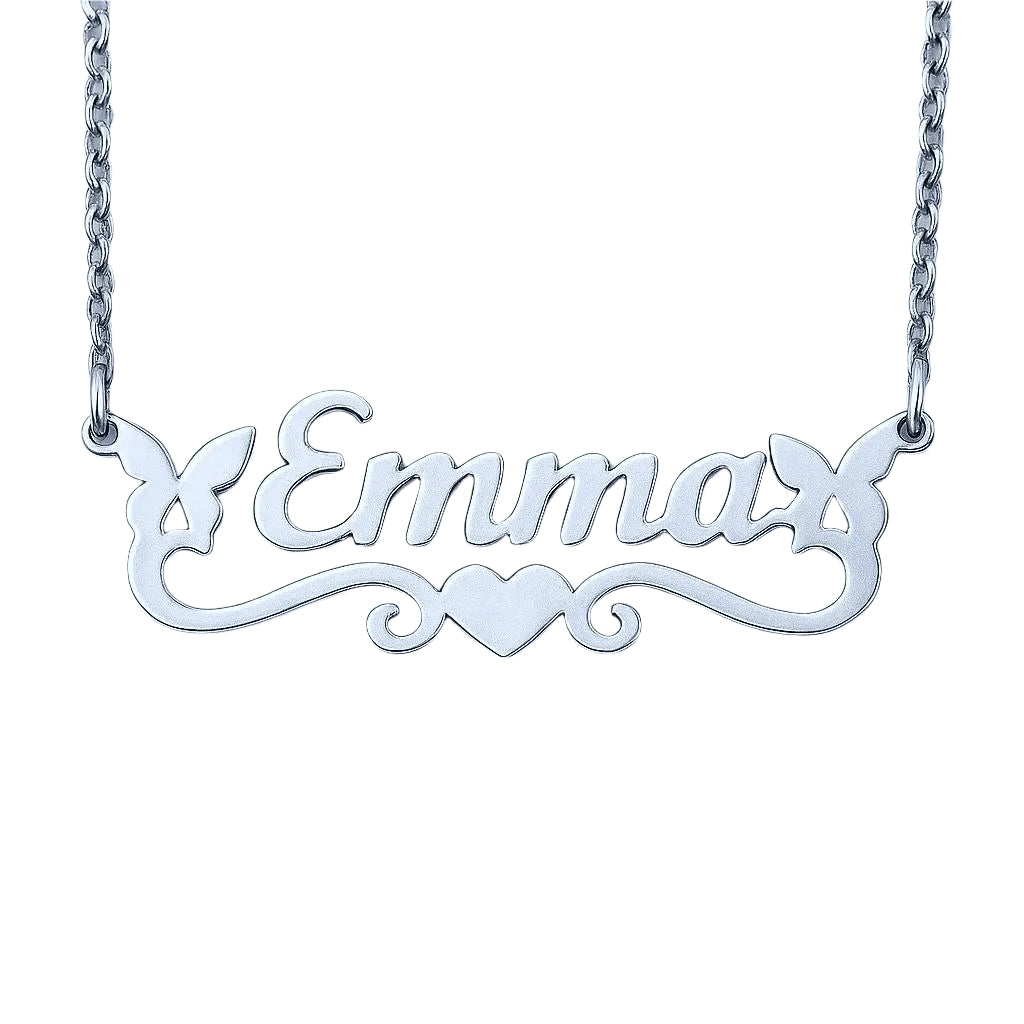 Close-up of personalized silver necklace showcasing
