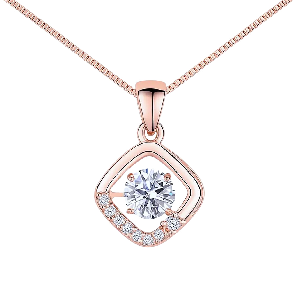 Rose gold pendant with central cubic zirconia.