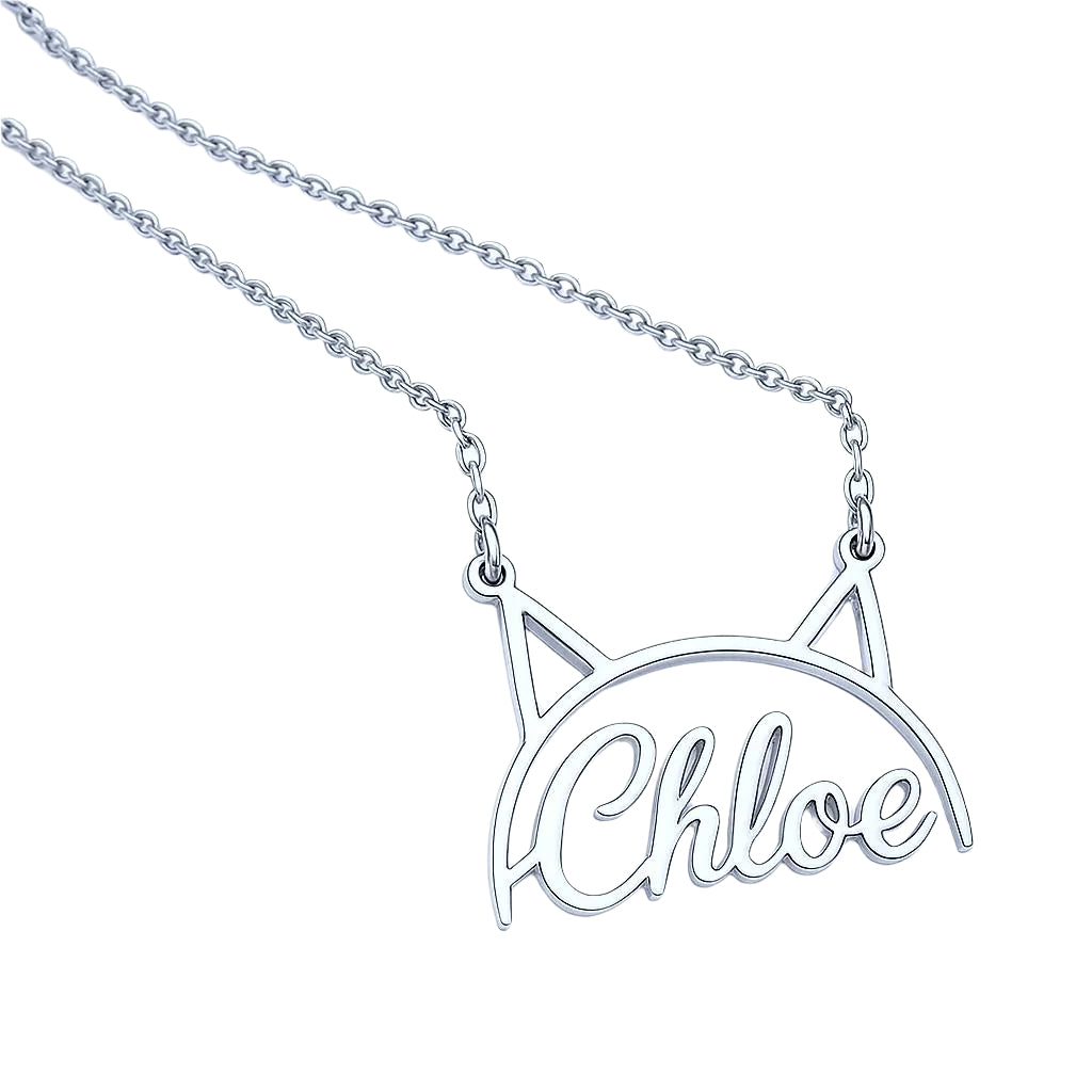 Customizable silver necklace featuring playful cat-ear accents.