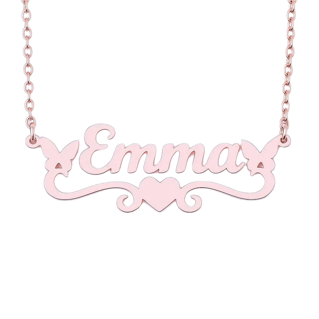 Necklace with "Emma" inscription in decorative font with butterfly and heart details.