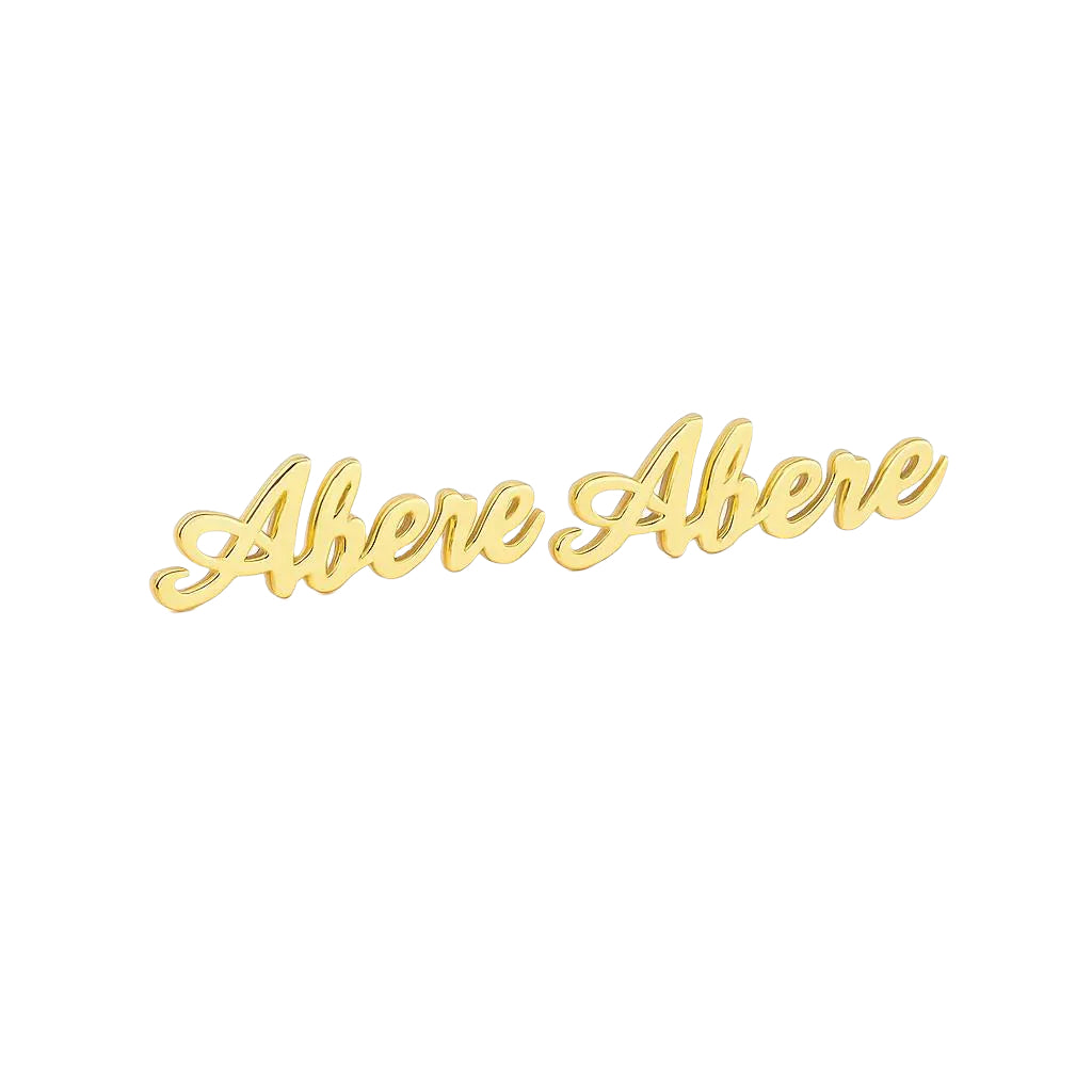 Minimalist gold script earrings displayed elegantly.