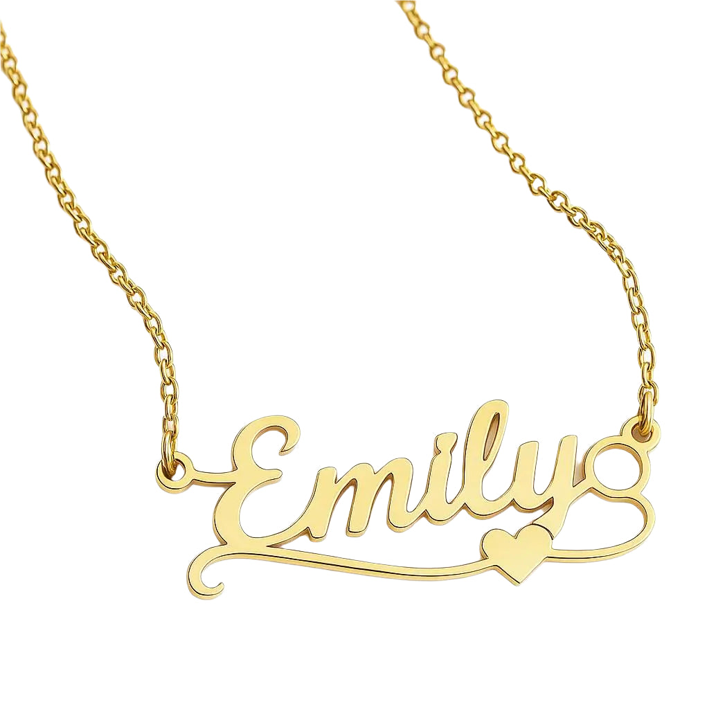 . Gold nameplate necklace with heart detail on  background.