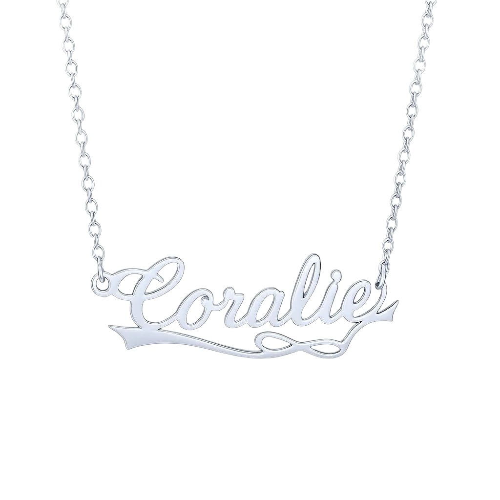 Silver chain necklace with personalized nameplate.