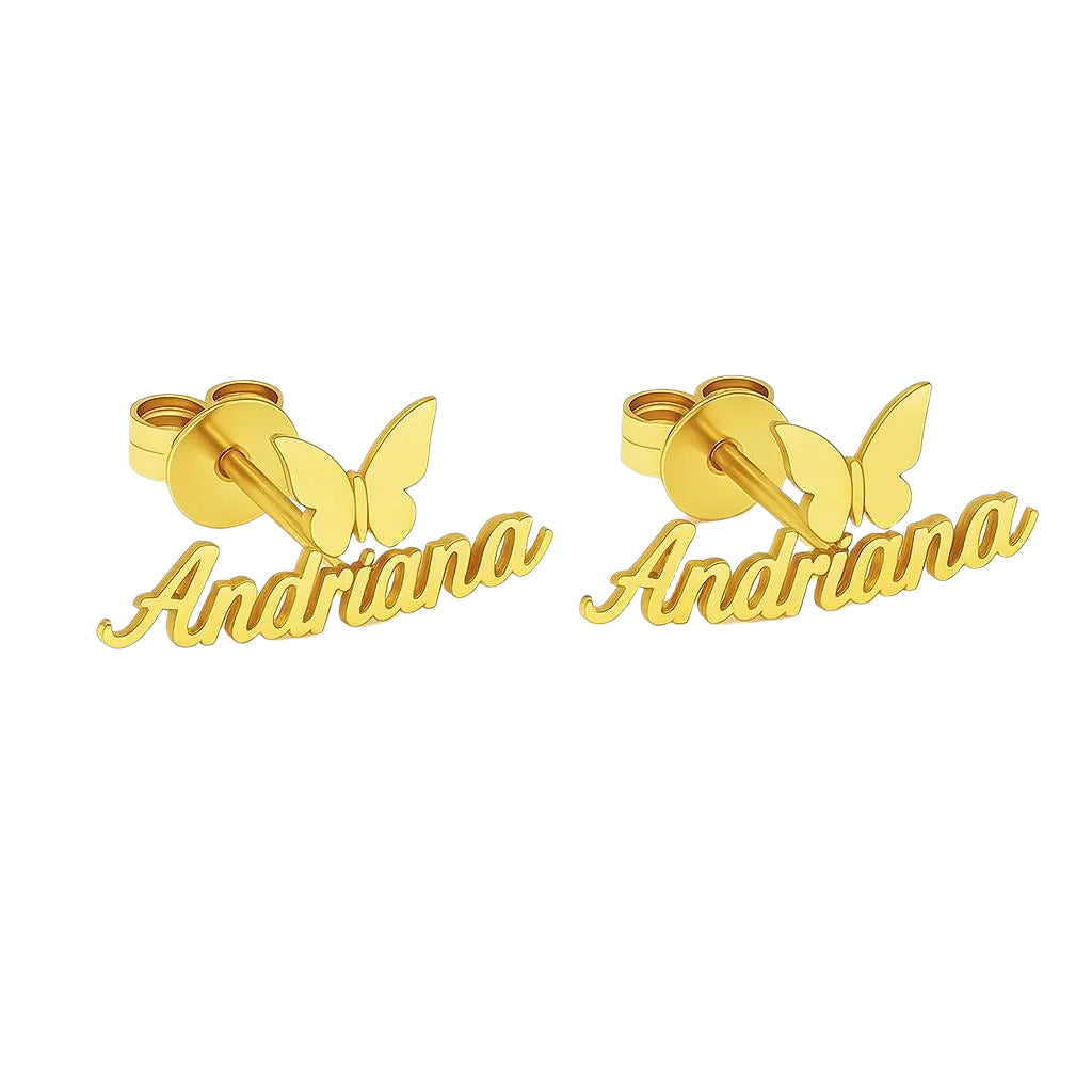gold earrings with butterfly and name detail 