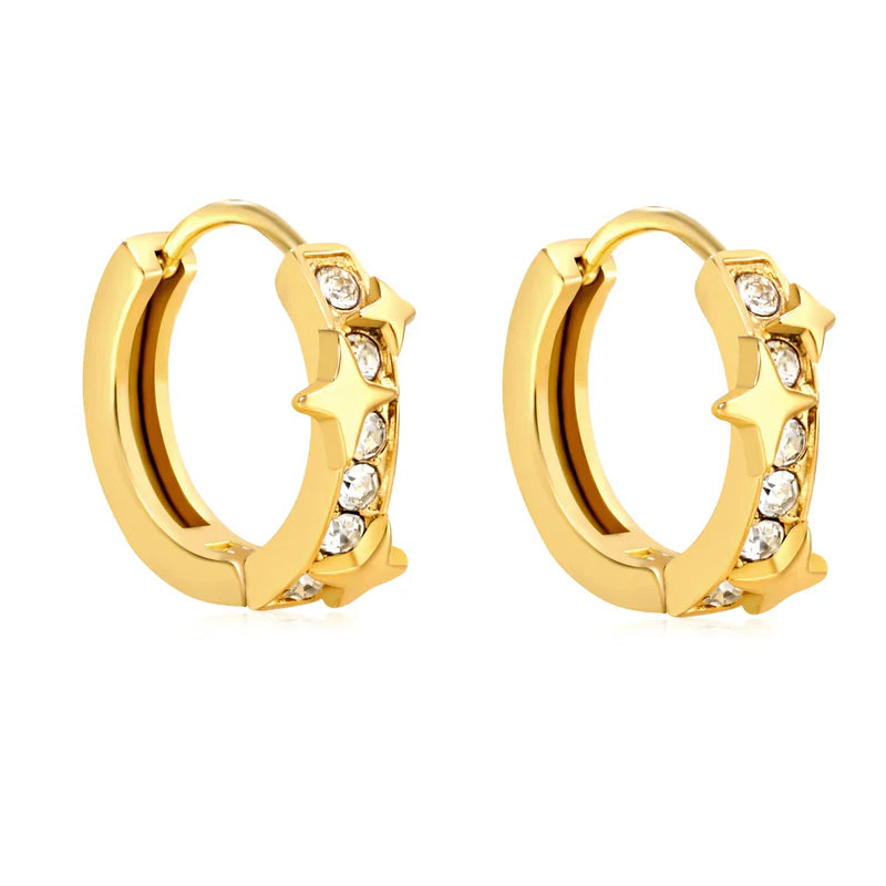 Gold hoop earrings with small diamonds on a white background