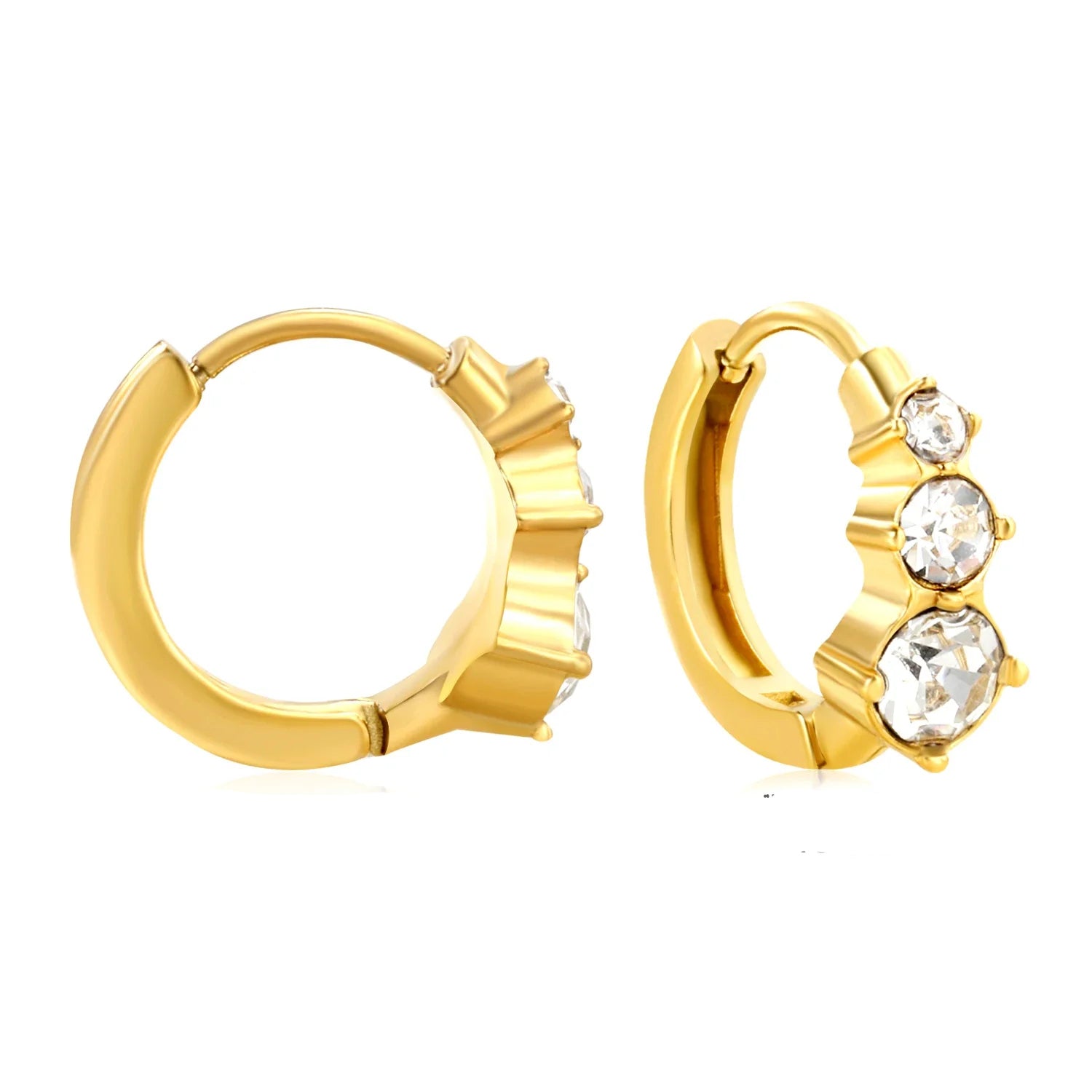 Gold hoop earrings with clear gemstones on a white background