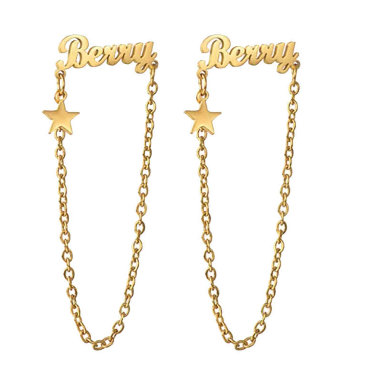 Custom name earrings with gold heart and crown designs