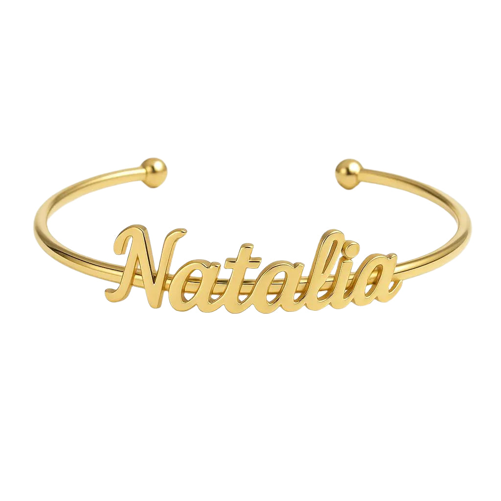 Gold bracelet with 'Natalia' engraving on a white background