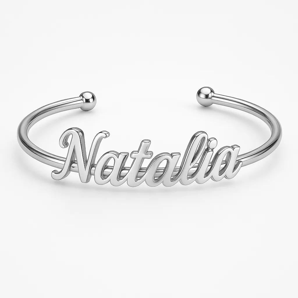 Silver bracelet with 'Natalia' engraved on a white background