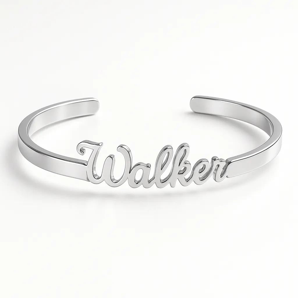 Silver bracelet with 'Walker' engraved on a white background