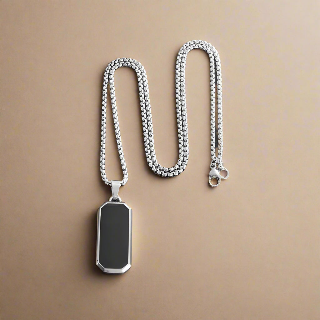 Geometric gold-edged black enamel pendant for men – styled 