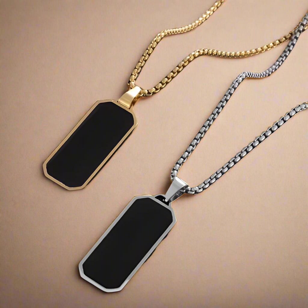 Geometric gold-edged black enamel pendant for men