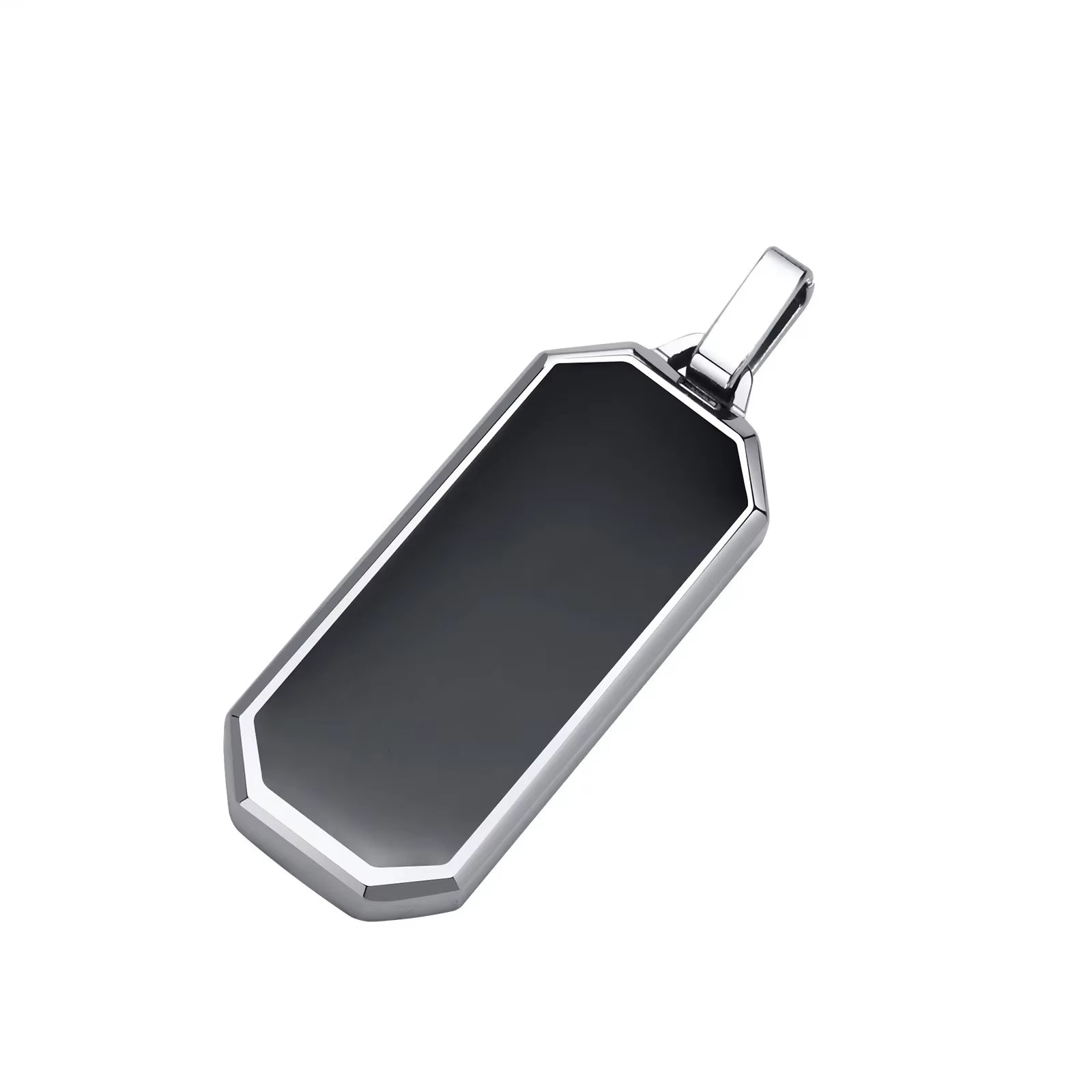 Close-up of men's silver stainless steel necklace with black enamel pendant"