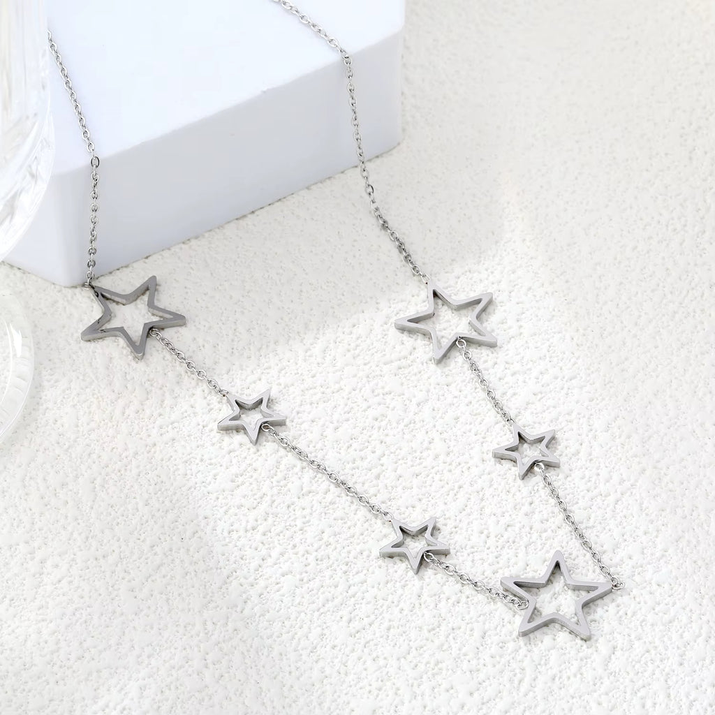 Golden Star Necklace – Stainless Steel Statement Collar with Linked Star Charms