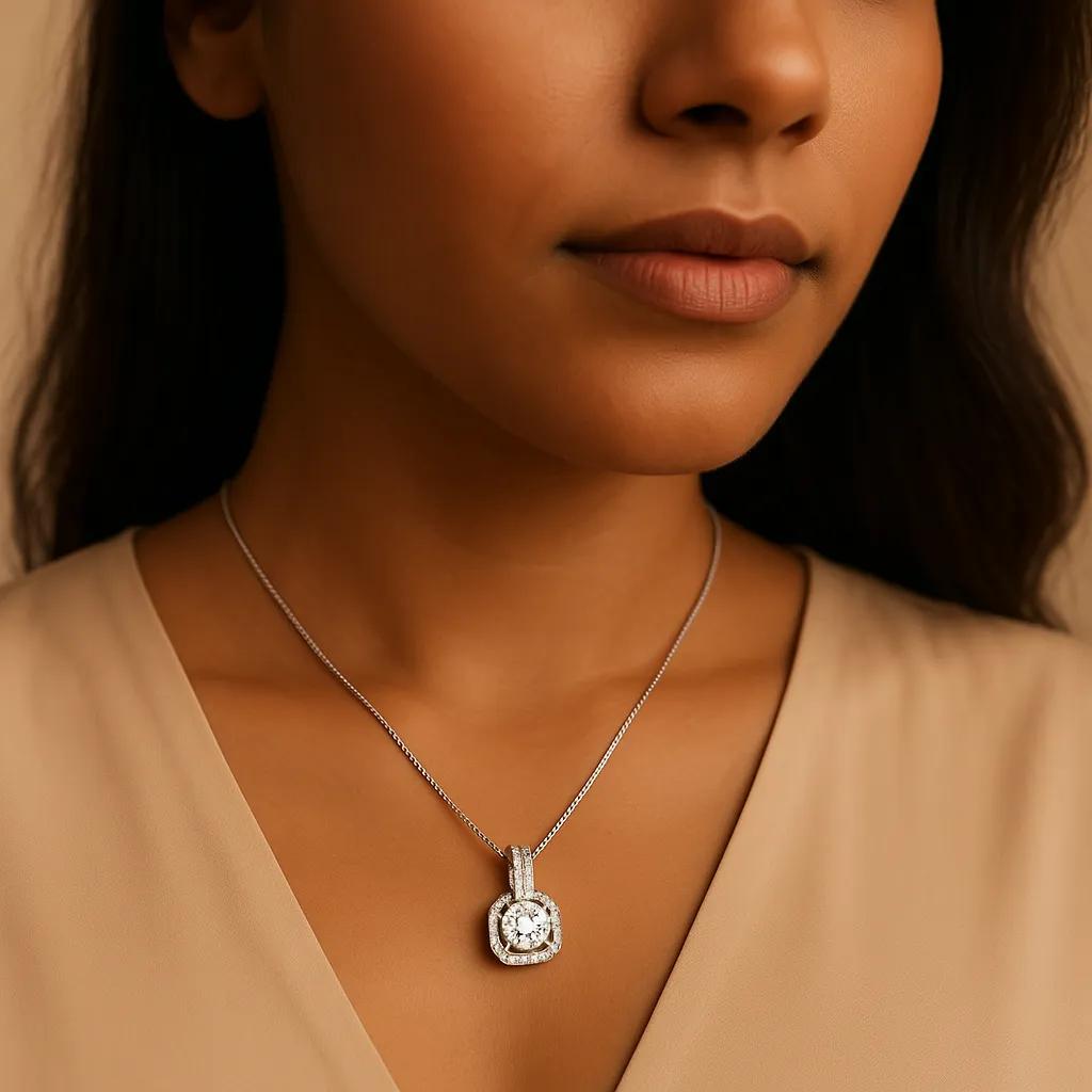Close-up of a woman wearing a silver necklace with a diamond pendant against a neutral background