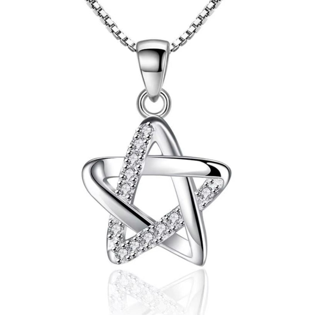 Silver necklace with a star-shaped pendant on a white background