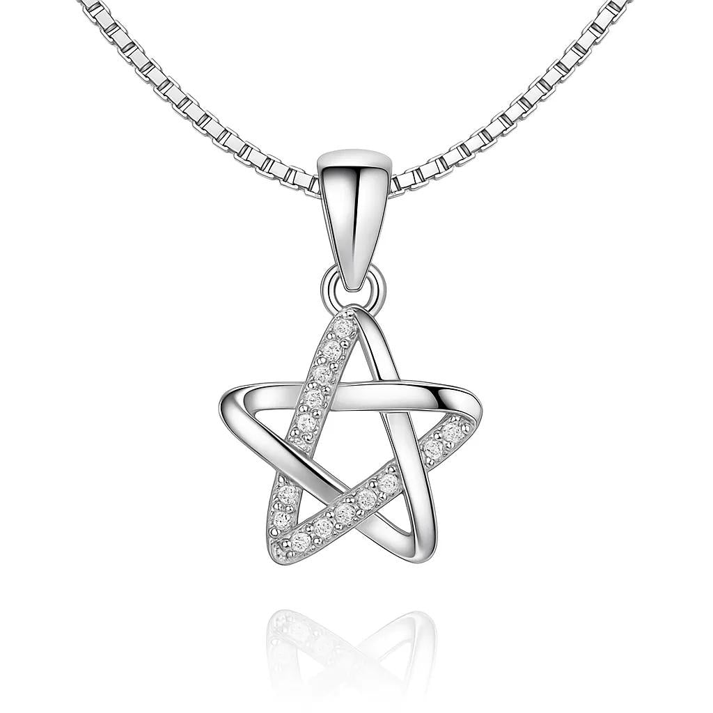 Silver necklace with a star-shaped pendant on a white background